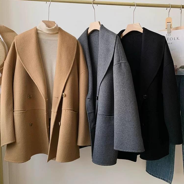 青果领宽松廓形双面呢大衣外套