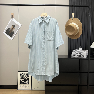 走戏班牙！夏季新休闲版型宽松竖条纹翻领单排扣短袖衬衫连衣裙女