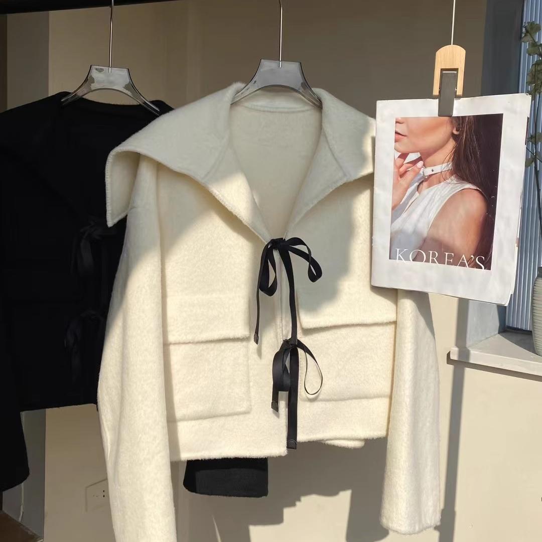 海军领时髦箱型系带双面羊毛大衣