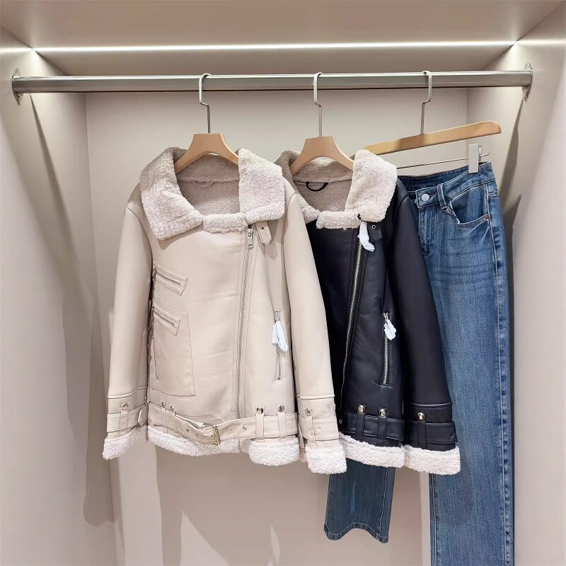 出k单！加厚加绒宽松百搭皮毛一体羊羔毛机车服麂皮绒夹克外套女
