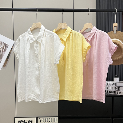 100亚麻复古简约连肩短袖衬衫女