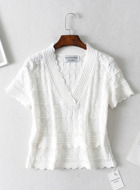 外贸女装 春新 西班牙D 修身蕾丝镂空波浪边V领针织短袖T恤上衣女