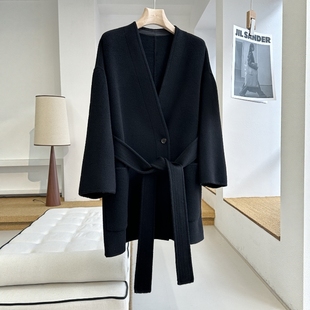 高级感 100绵羊毛廓形系带V领双面呢毛呢大衣 轻奢气质木巨3900