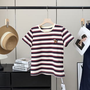 高端~小禾马上封侯~重磅纯棉撞色条纹刺绣标针织布短袖T恤上衣女