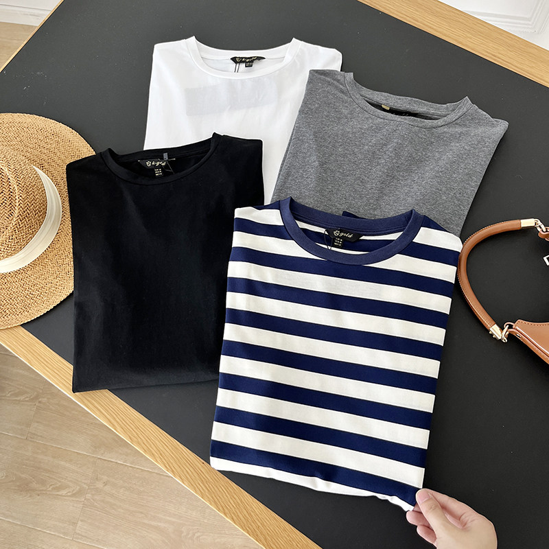 条纹撞色圆领长袖白色打底衫T恤