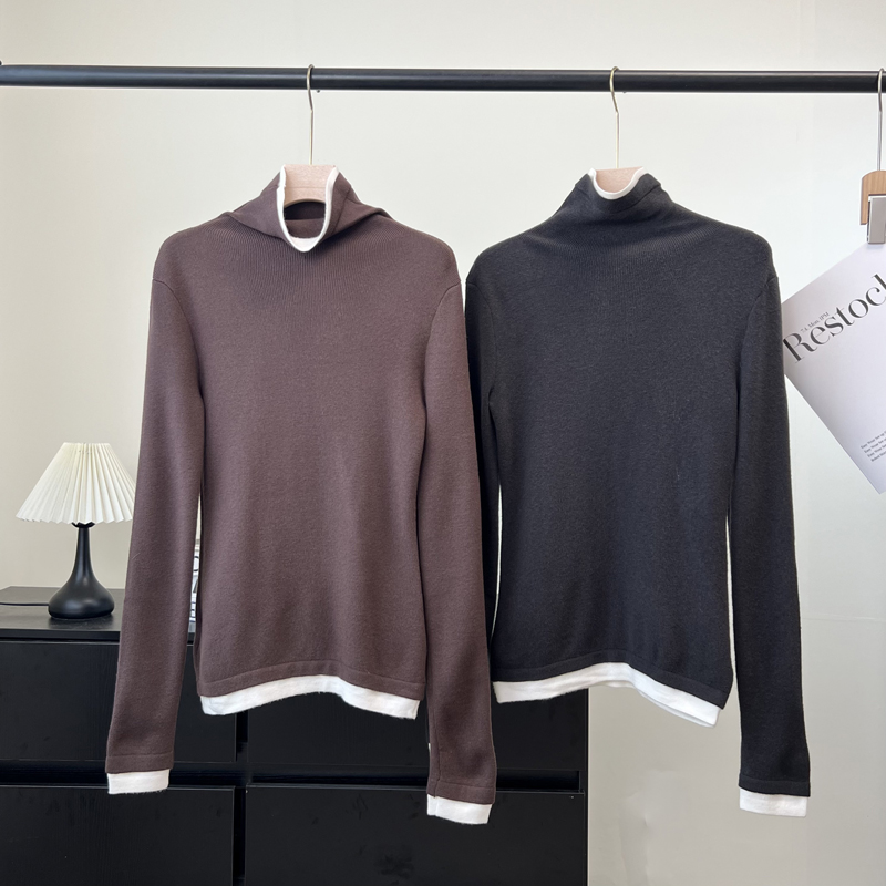 美丽诺羊毛混纺针织衫2025冬季新款女装长袖假两件高领毛衣女上衣