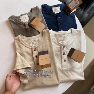 透气休闲棉麻短袖 大厂订单 T恤 亚麻薄款 新竹节棉亨利衫 男装 夏季