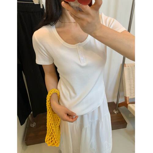 螺纹棉弹力纽扣短袖T恤女上衣夏