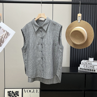 高级感!31.9亚麻法式老钱风休闲翻领竖条纹棉麻混纺无袖衬衫女夏