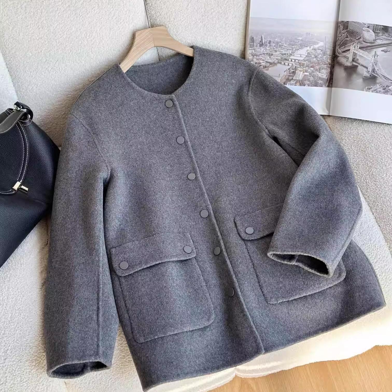 羊毛双面呢圆领短款大衣毛呢外套