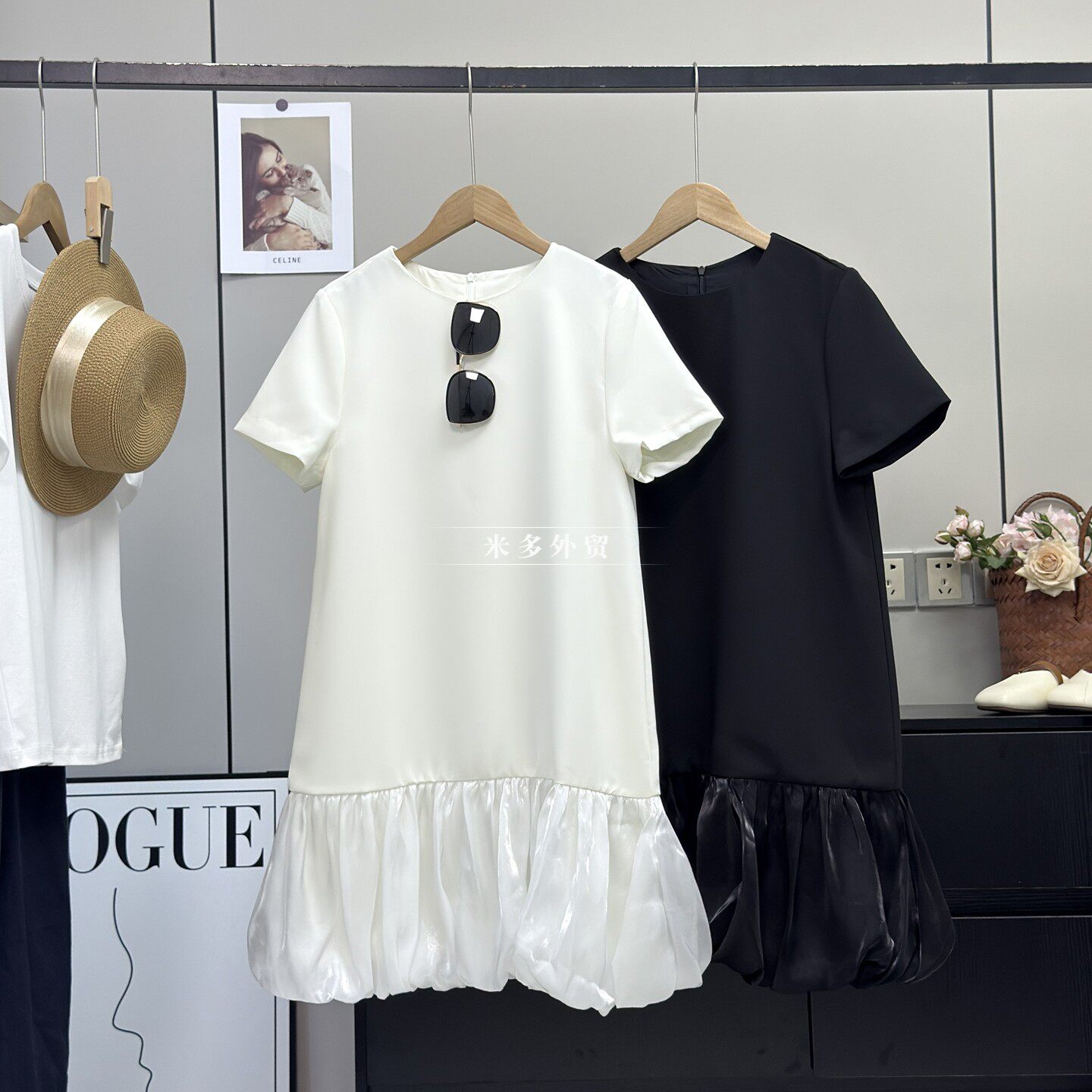 轻奢高级感！法式优雅显瘦圆领拼接花苞裙气质短袖醋酸连衣裙女夏