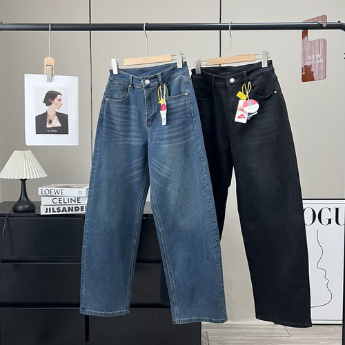 窄版直筒加厚植绒弯刀牛仔裤长裤