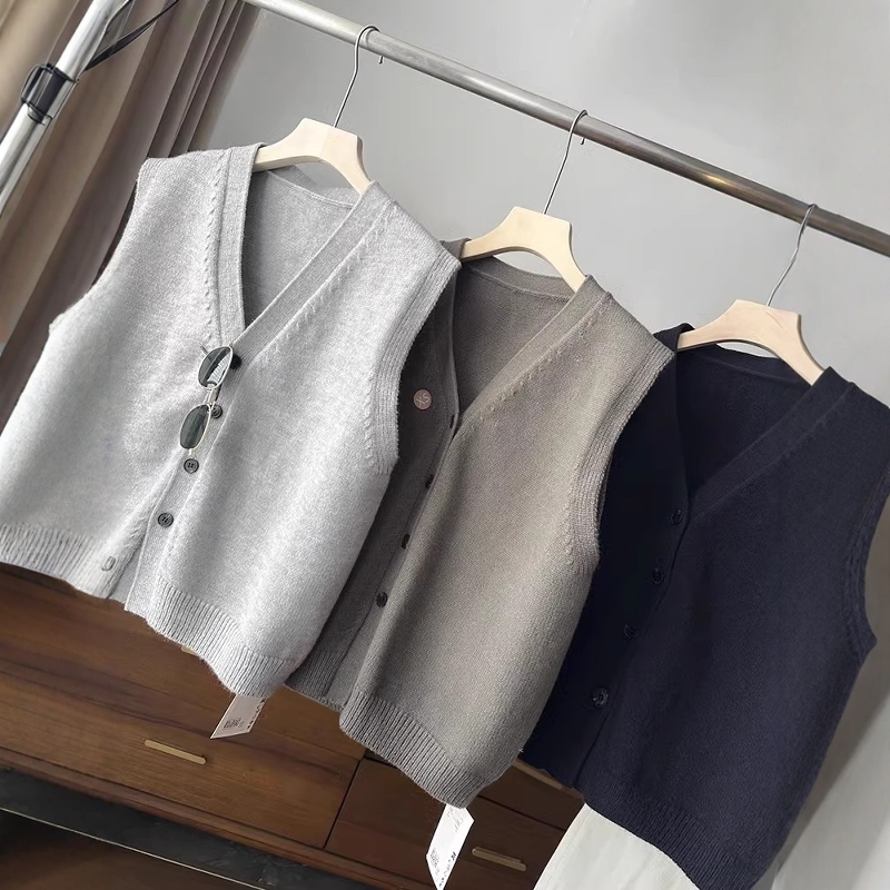 V领针织开衫无袖马甲上衣女春