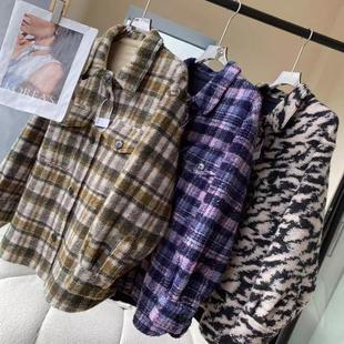 式 秋冬新羊毛混纺撞色格纹宽松POLO领毛呢衬衫 外套 法式 木巨4900