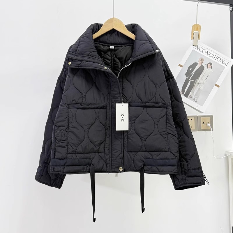 绗棉立领廓形织带休闲棉服外套女