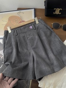 短裤 日单试衣间 深灰西装 百搭半松紧高腰人字纹直筒阔腿裤 柜199