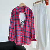 100棉 女 格纹衬衫 row风 宽松慵懒男友风色织对格竹节纹全棉长袖