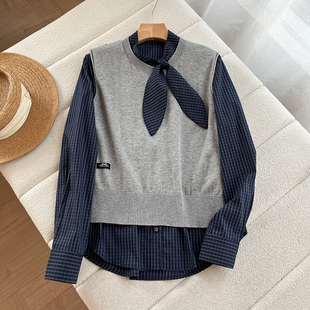 高级感！法式减龄叠穿显瘦领结竖条纹长袖衬衫针织马甲背心套装女