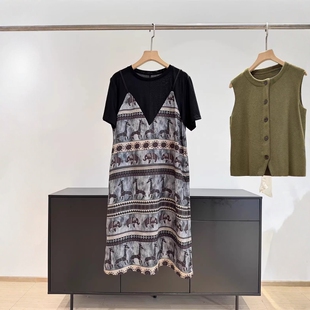 高级感小众轻奢！印花莱赛尔天丝假两件连衣裙显瘦短袖T恤裙女夏