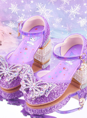 女童水晶鞋紫色高跟鞋时尚亮闪闪公主风库洛米公主鞋小女孩皮鞋秋