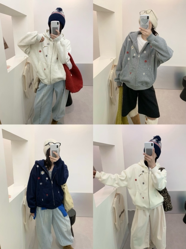 YOYO-新款加绒连帽刺绣花朵卫衣外套女百搭休闲宽松卫衣外套女