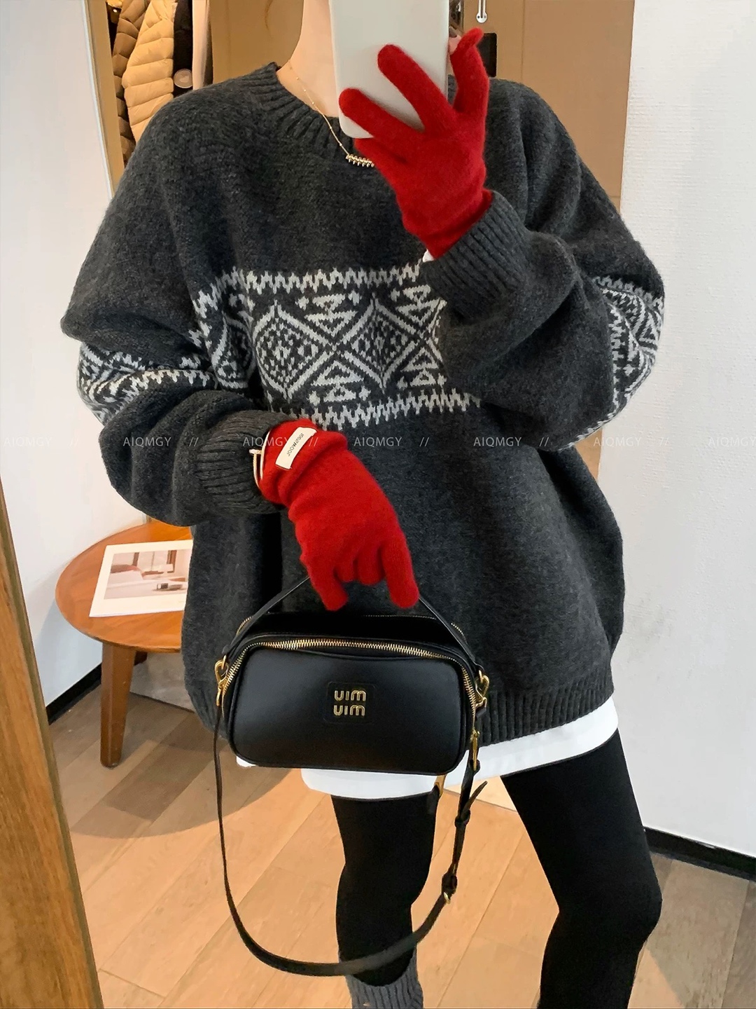 YOYO-复古提花大版混纺套衫慵懒风圆领针织毛衣女秋冬上衣外套