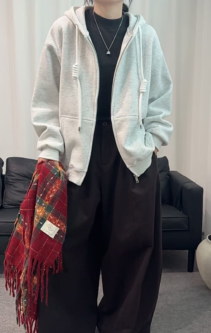 YOYO-新款净版连帽拉链加绒卫衣外套女百搭休闲宽松卫衣外套女