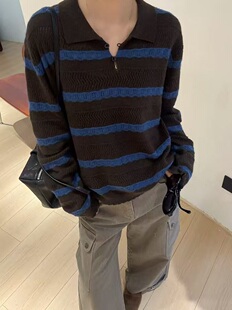 复古蓝黑条纹Polo全毛针织上衣女秋款薄款镂空肌理感长袖套头衫