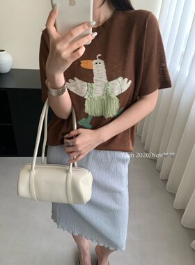 韩系手工贴布卡通小鸭半袖 透气薄款棉麻质感慵懒风休闲圆领体恤