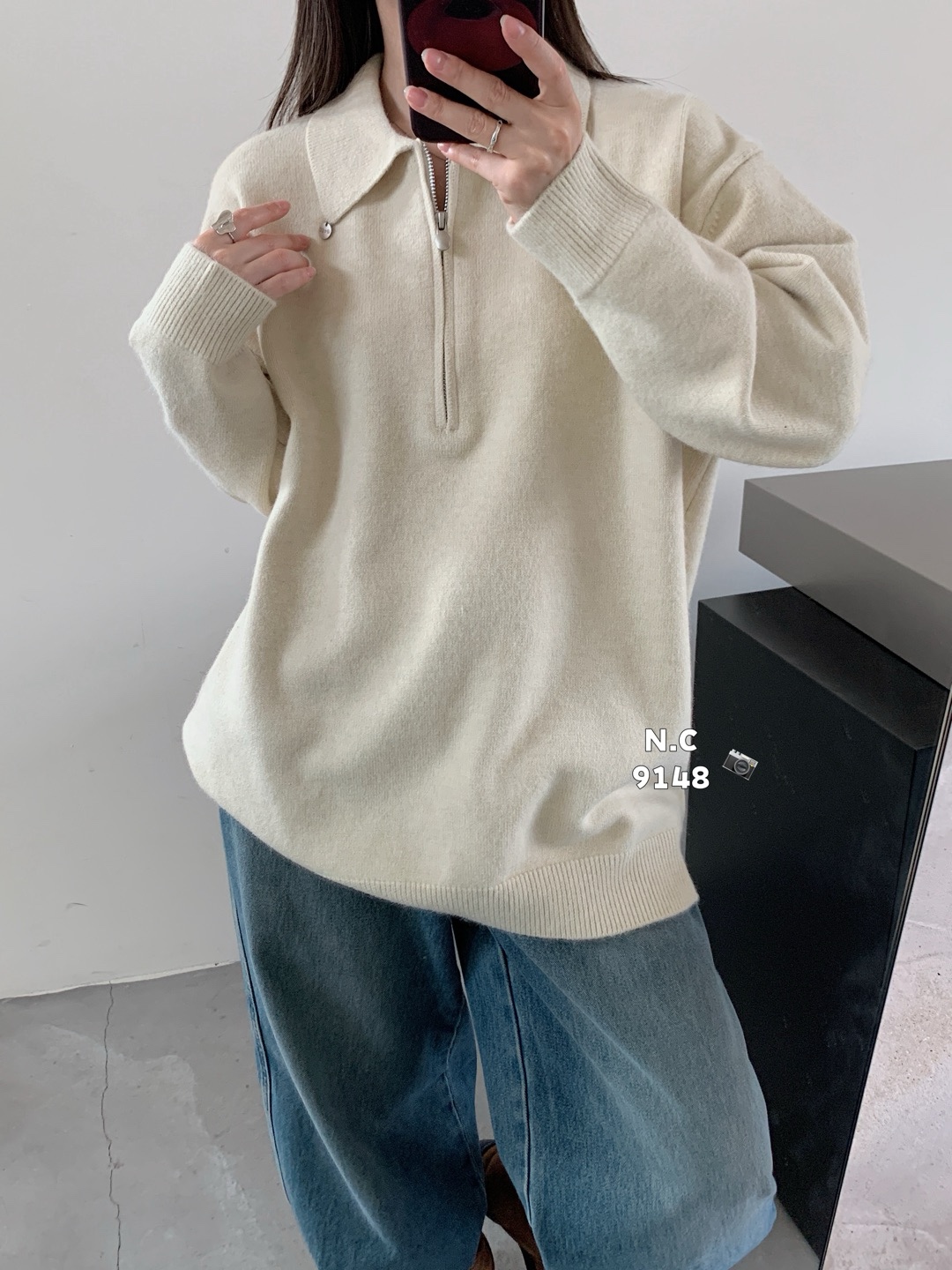 YOYO-韩系加长款半拉链针织衫女百搭休闲宽松针织毛衣打底衫女