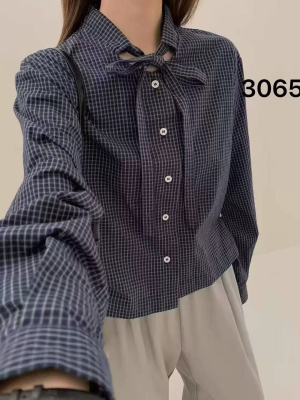 YOYO-新款纯棉格子长袖衬衫女韩系宽松设计感上衣潮款衬衫