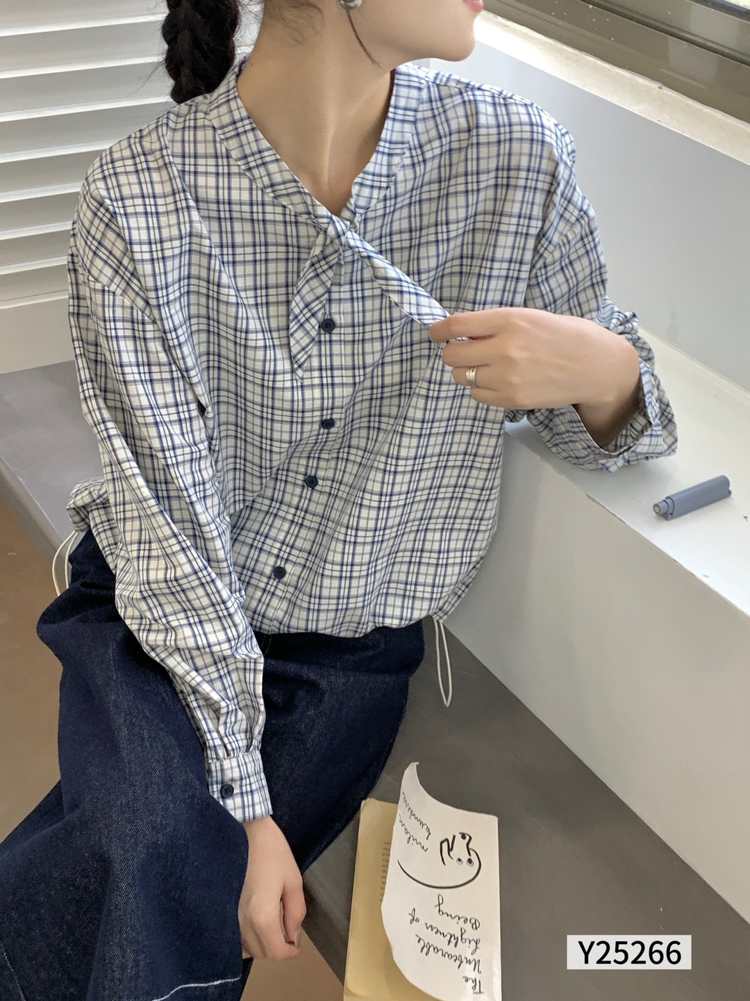 YOYO-新款圆领领结格子衬衫女韩系宽松设计感上衣潮款衬衫