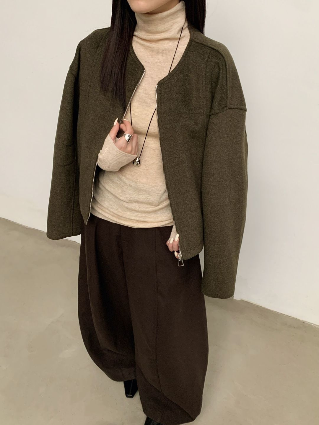 YOYO-新款短款羊绒外套袖拼格设计上衣女百搭休闲宽松外套女