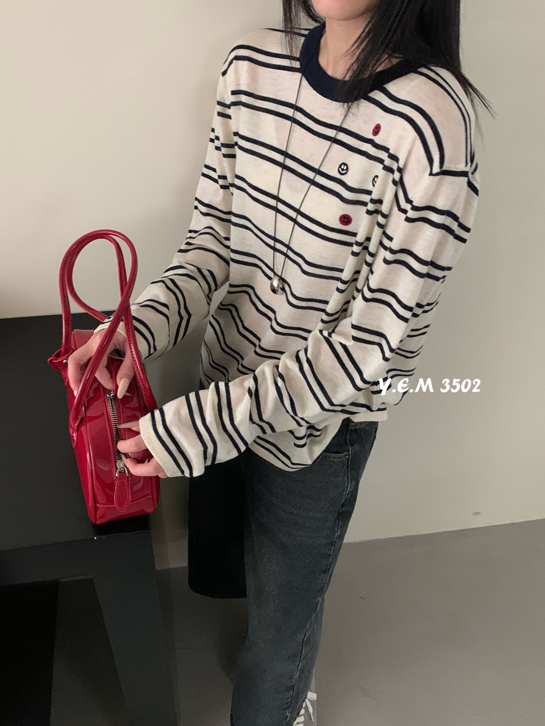YOYO-新款圆领针织条纹T恤女韩系宽松设计感上衣潮款T恤