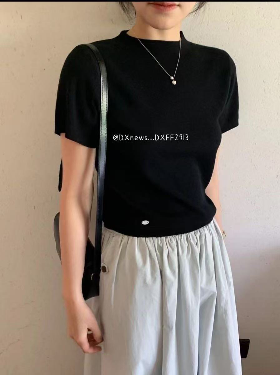 YOYO-春季新款韩版时尚百搭修身显瘦圆领短袖针织衫女