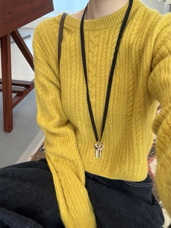 YOYO-新款韩系绵羊毛圆领麻花针织衫女百搭休闲宽松毛衣女