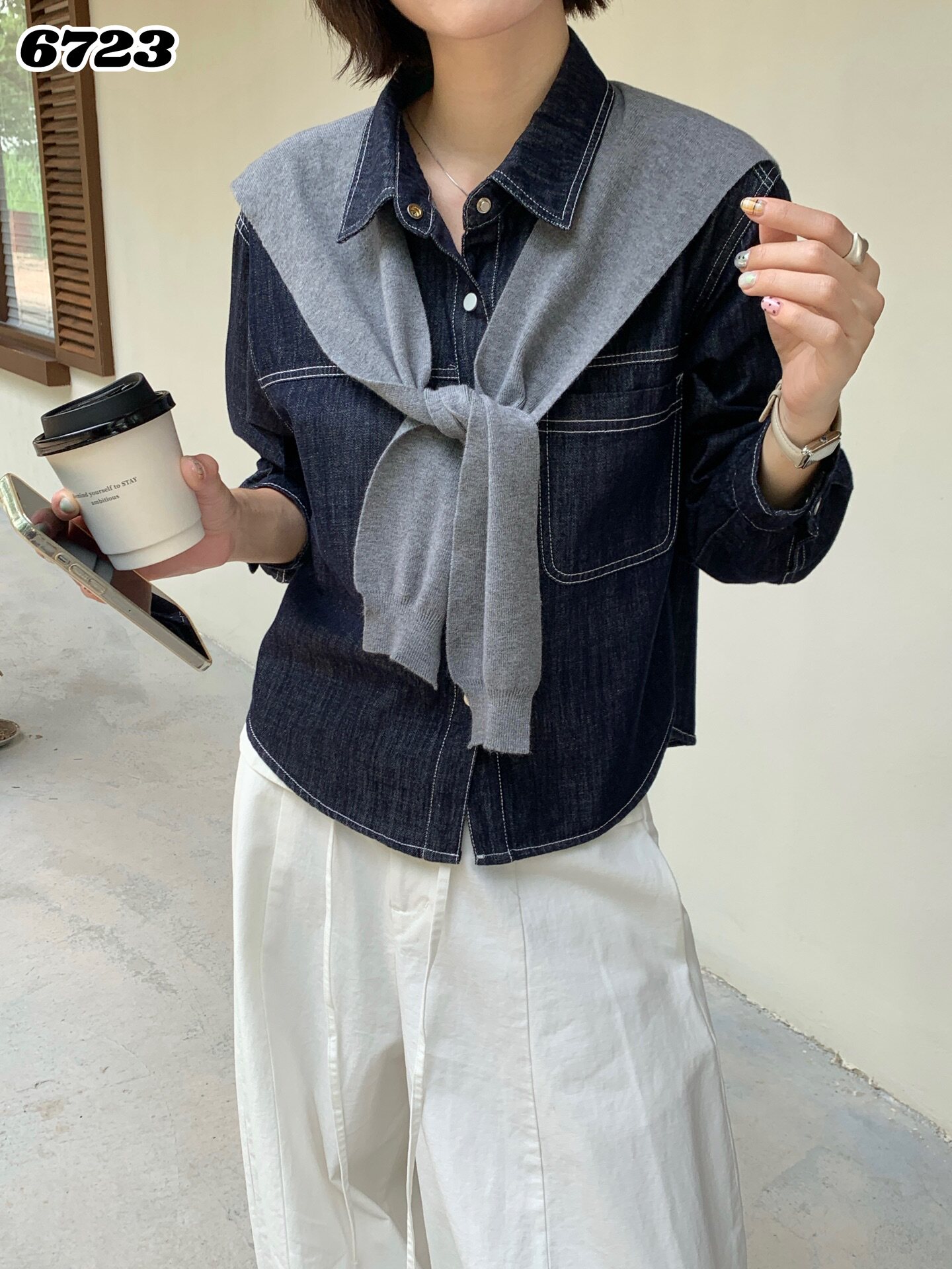 韩系短款牛仔衬衫外套女早秋可拆卸灰色披肩明线宽松两件套上衣