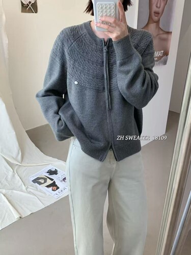 2026早秋韩系半拉链针织毛衣女宽松肌理感圆领长袖软糯开衫上衣
