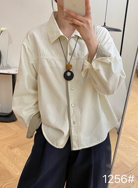 YOYO家1256#早春纯棉宽松拼色衬衫外套女 复古翻领工装风长袖衬衣