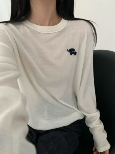 2026秋季大象刺绣长袖羊毛T恤女圆领宽松休闲薄款内搭打底衫