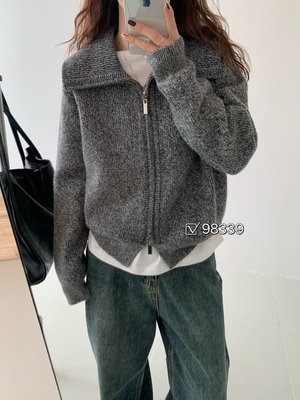 YOYO-新款韩系大翻领拉链针织开衫女百搭休闲宽松毛衣外套女