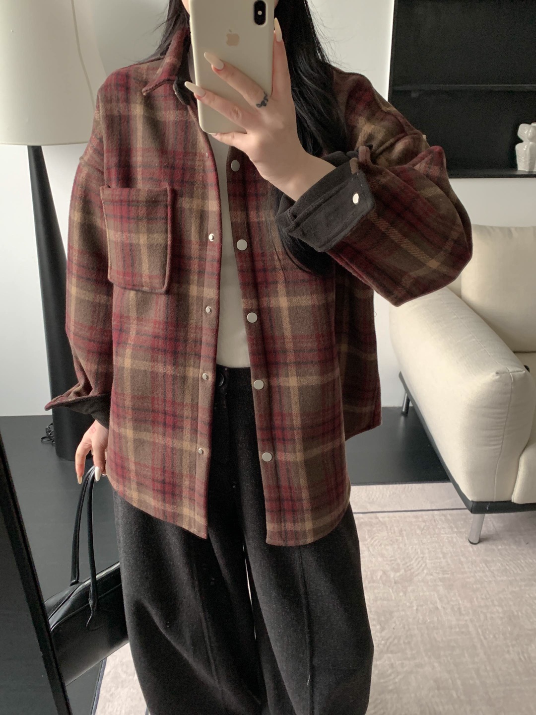 YOYO-2025新款羊毛加绒格子衬衫外套女冬装新款宽松百搭加厚上衣