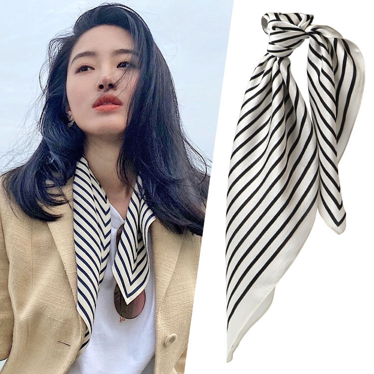 杨采钰通勤款柔滑桑蚕丝围巾条纹真丝丝巾女韩版百搭小方巾头巾