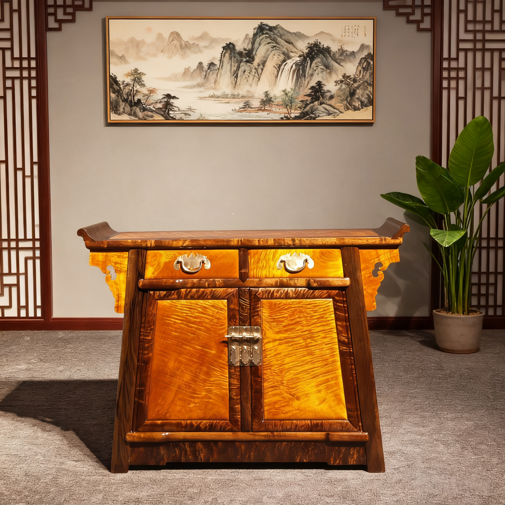 金丝楠木玄关桌阴沉木黄料三联橱新款中式餐边柜古典现代红木家具