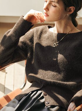 OLrain欧芮儿法式一字领毛衣女秋季2025年开叉下摆收腰套头针织衫