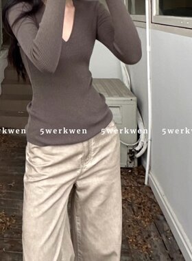 5werkwen 奶茶色V领针织衫春秋修身显瘦百搭打底衫气质长袖上衣