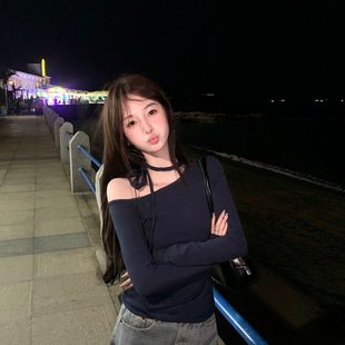 Peaceonesoul自制 纯欲斜肩系带正肩长袖T恤女修身显瘦打底衫上衣