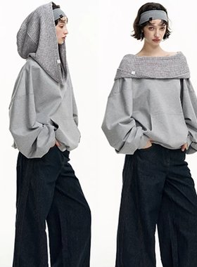 SALTHe盐茶丨博尔赫斯斜肩一字领宽松套头连帽卫衣露肩上衣女