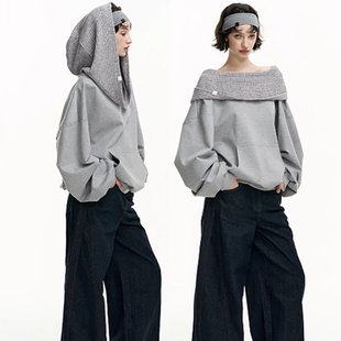 SALTHe盐茶丨博尔赫斯斜肩一字领宽松套头连帽卫衣露肩上衣女