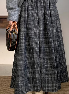 JOENG 羊毛毛呢学院风复古格子百褶松紧半身裙秋冬新款休闲a字裙